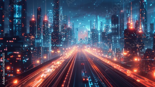 Futuristic urban landscape with autonomous vehicles  digital communication lines  hightech infrastructure  smart city integration  seamless transportation system