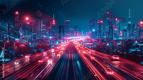 Futuristic urban landscape with autonomous vehicles  digital communication lines  hightech infrastructure  smart city integration  seamless transportation system