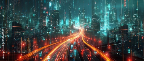 Futuristic urban landscape with smart highways and autonomous vehicles  digital network overlays  hightech infrastructure  seamless integration  night cityscape