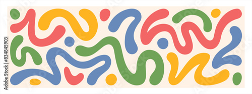 Groovy hippie 60s abstract illustration. Fluid organic shape colorful blobs, squiggles, wavy doodle stripes inscribed in a rectangle banner. Bold hand drawn lines, spots. Text background, header.