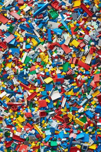 A chaotic yet colorful jumble of toy bricks, tightly packed to fill the entire frame. The bricks come in various sizes and an array of colors including red, blue, green, yellow, and white,