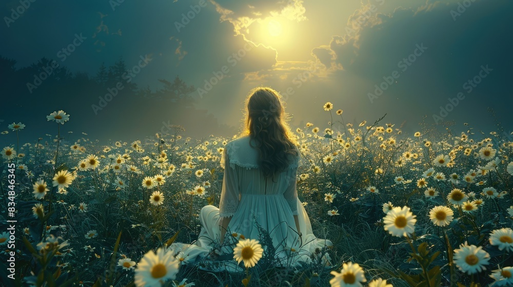Girl in the fields of flowers 