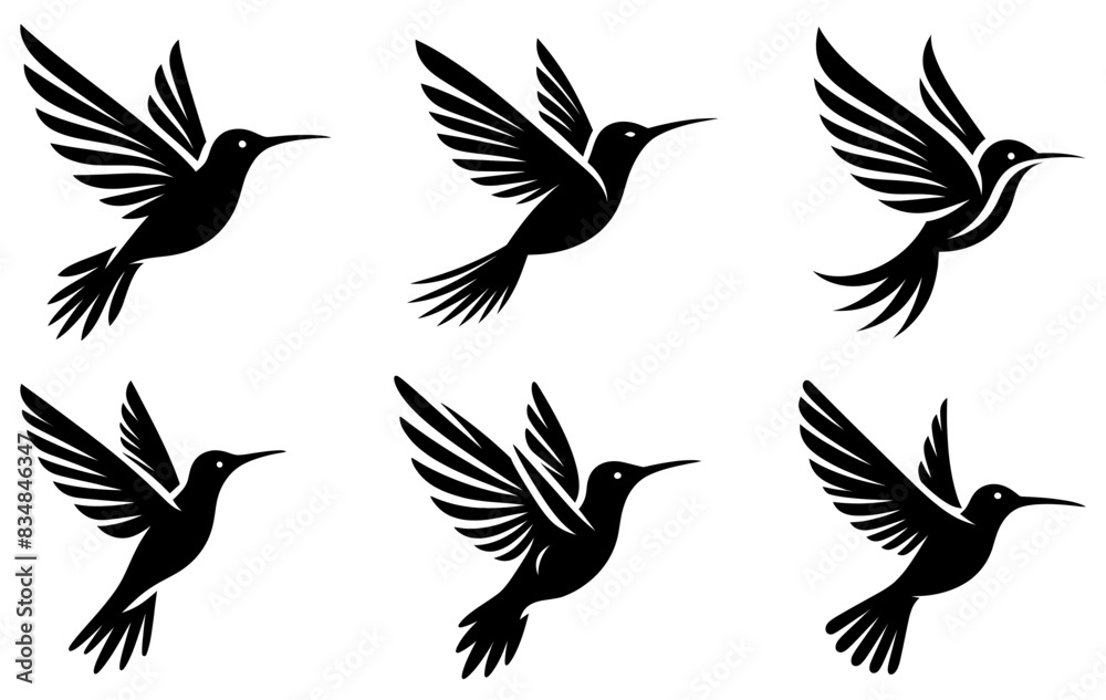 Flying bird icons set. Black silhouette of hummingbird bird. Vector illustration Flying bird icons set. Black silhouette of hummingbird bird. Vector illustration