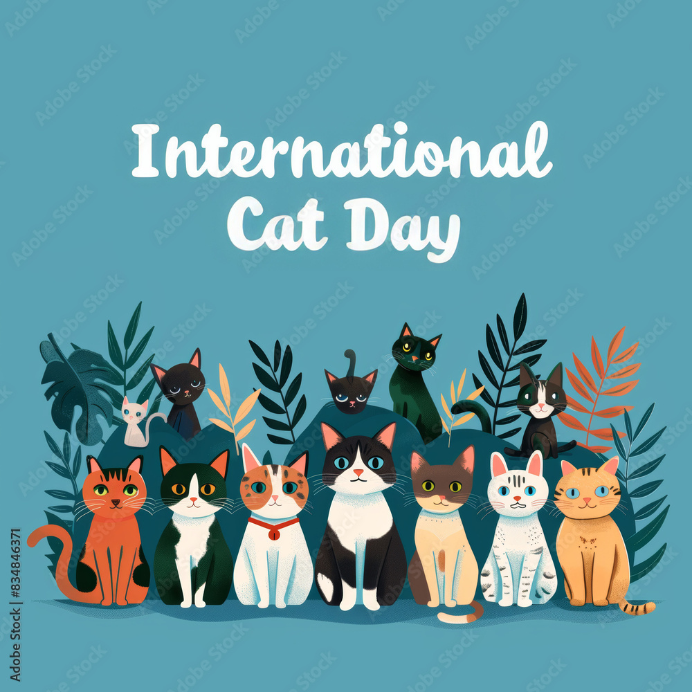 Whimsical Illustration of Diverse Group of Cartoon Cats Celebrating International Cat Day with Greenery Whimsical Illustration of Diverse Group of Cartoon Cats Celebrating International Cat Day with Greenery