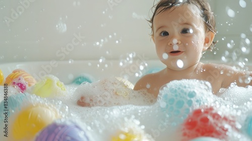 Toddler enjoying a fun bath with bubbly water and bath toys, ample copyspace for text