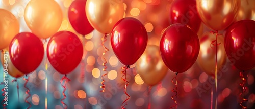 Wallpaper Mural Party with red and gold balloons and ribbons, background celebration banner, carnival or festival, bright and vibrant Torontodigital.ca