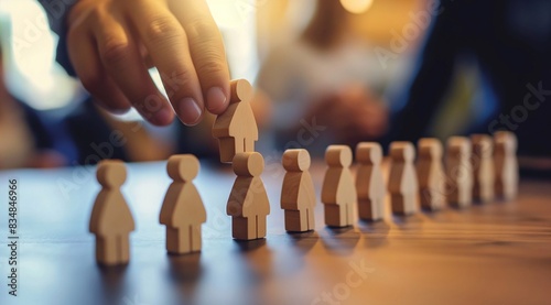 Hand adding human figures in a team concept with wooden figures in a row, Human resources and representation of employees or worker groups in an office. generative AI
