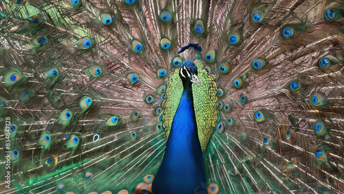 peacock portrait with iridescent plumage fanned out in display