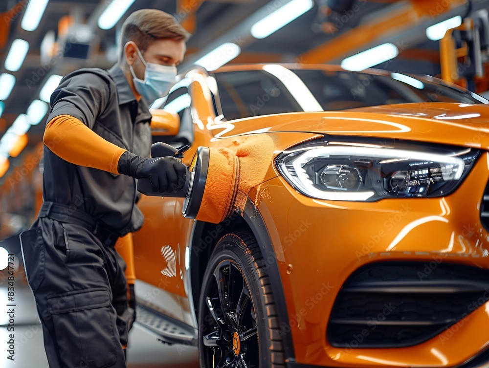 Mechanic wearing mask & gloves repairing car Mechanic wearing mask & gloves repairing car
