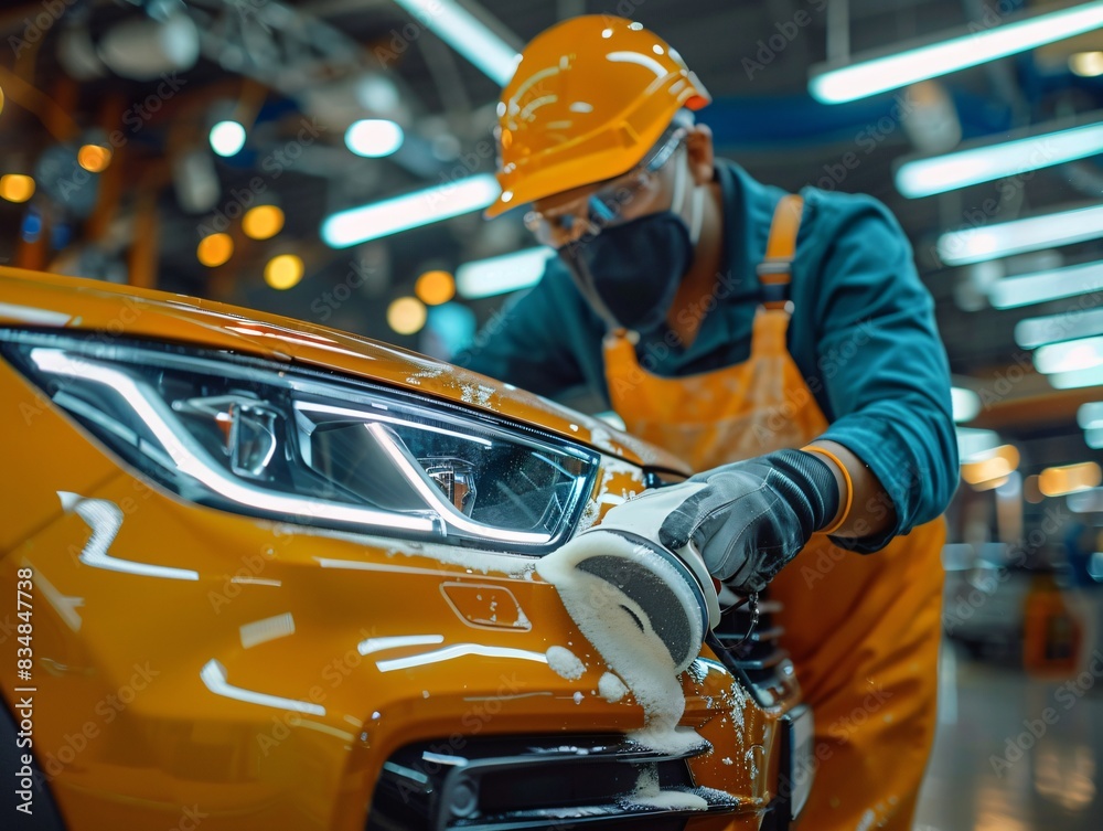 Worker in orange suit buffs car Worker in orange suit buffs car