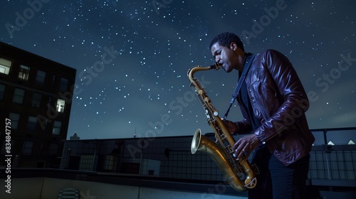 Wallpaper Mural A soulful saxophonist plays alone on a city rooftop, his melodies resonating under a starry night sky. Torontodigital.ca