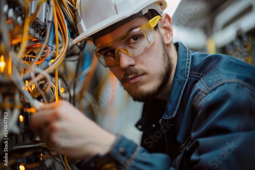 Electrician working on the electrical panel, holding tools in his hands. The worker wearing yellow safety glasses, uniform work, white helmet. In front there are cables, wires, ectrical equipment photo