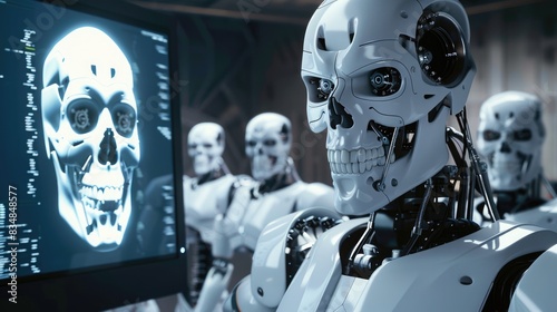 A Robot in a White Suit, Surrounded by Robotic Companions, Confronting a Skull on a Computer Monitor  © Didikidiw61447