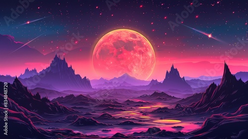 Retro cyberpunk style landscape background banner moon mountain flat area