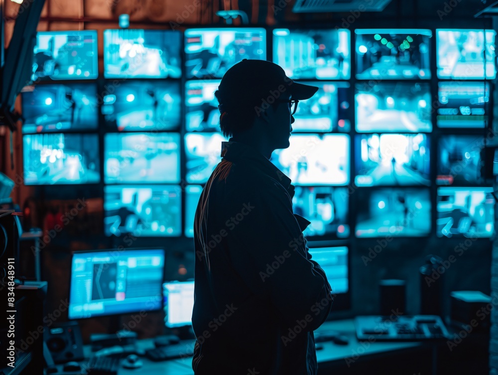 Man in front of television wall Man in front of television wall