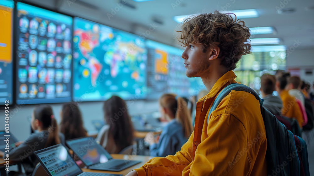 tudents in an AI data science class, using digital screens to display global maps and charts on the wall tudents in an AI data science class, using digital screens to display global maps and charts on the wall