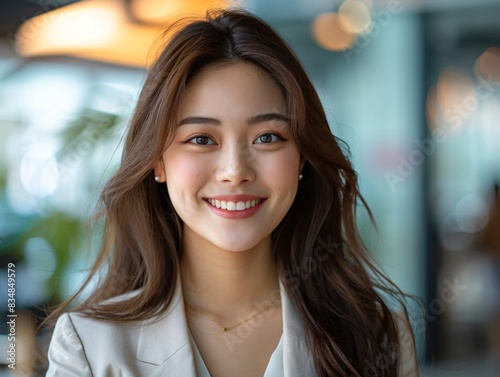 Woman in white blazer smiling with long brown hair