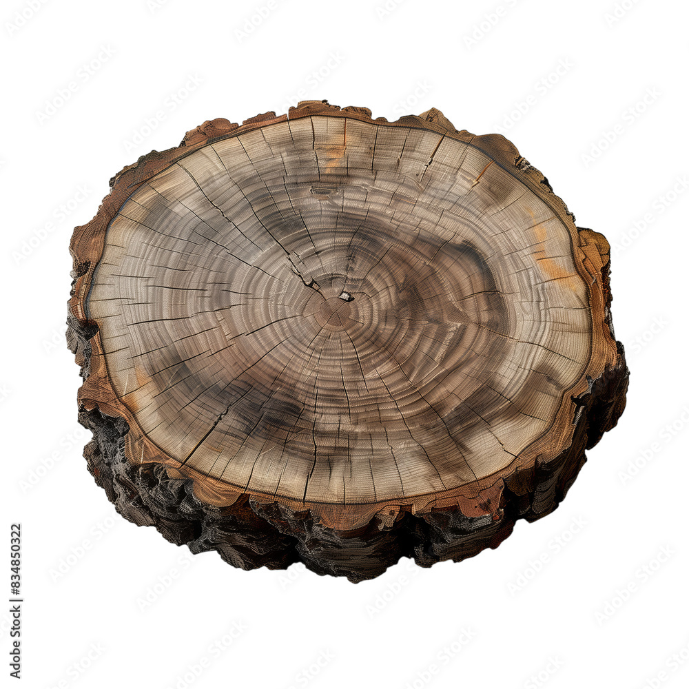 Obraz premium Cross-Section of Tree Trunk with Detailed Growth Rings, Isolated on Transparent Background, PNG.