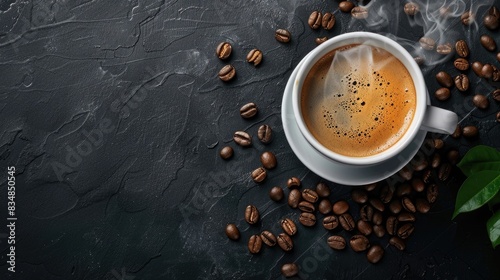 A cup of coffee with beans and a cup filled with coffee beans surrounded