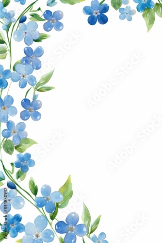 forget me not themed frame or border for photos and text.with small blue flowers and green leaves. watercolor illustration,  white color background. 