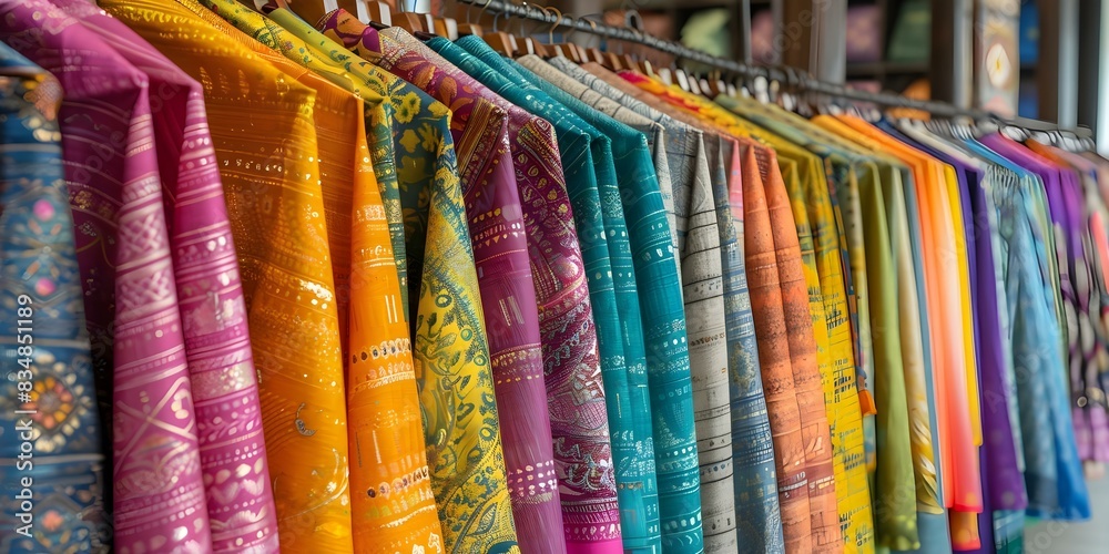 Colorful fabric clothing collection hanging on racks in a store for sale. Concept Fashion Retail, Trendy Clothing, Colorful Apparel, Retail Display, Clothing Boutique Colorful fabric clothing collection hanging on racks in a store for sale. Concept Fashion Retail, Trendy Clothing, Colorful Apparel, Retail Display, Clothing Boutique