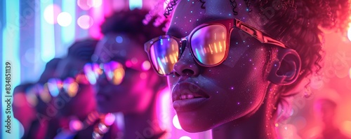 Vibrant neon-lit portrait of individuals wearing reflective sunglasses in a futuristic party atmosphere with colorful lights. photo