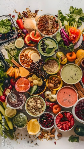 flat lay composition showcasing a variety of fresh  healthy food items