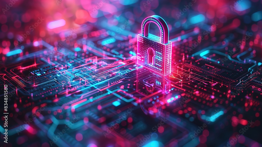 Futuristic digital padlock symbolizing cybersecurity on a vibrant abstract background Futuristic digital padlock symbolizing cybersecurity on a vibrant abstract background