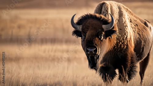  bison portrait with massive horns and fur blowing in the wind