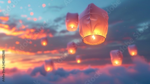 floating lanterns with soft light wallpaper background anime scene