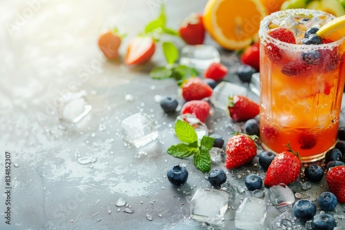 glass with berry fruit refreshing drink or iced tea on a summer background with different berries and sunlight