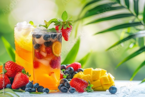 glass with berry fruit refreshing drink or iced tea on a summer background with different berries and sunlight