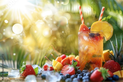 glass with berry fruit refreshing drink or iced tea on a summer background with different berries and sunlight
