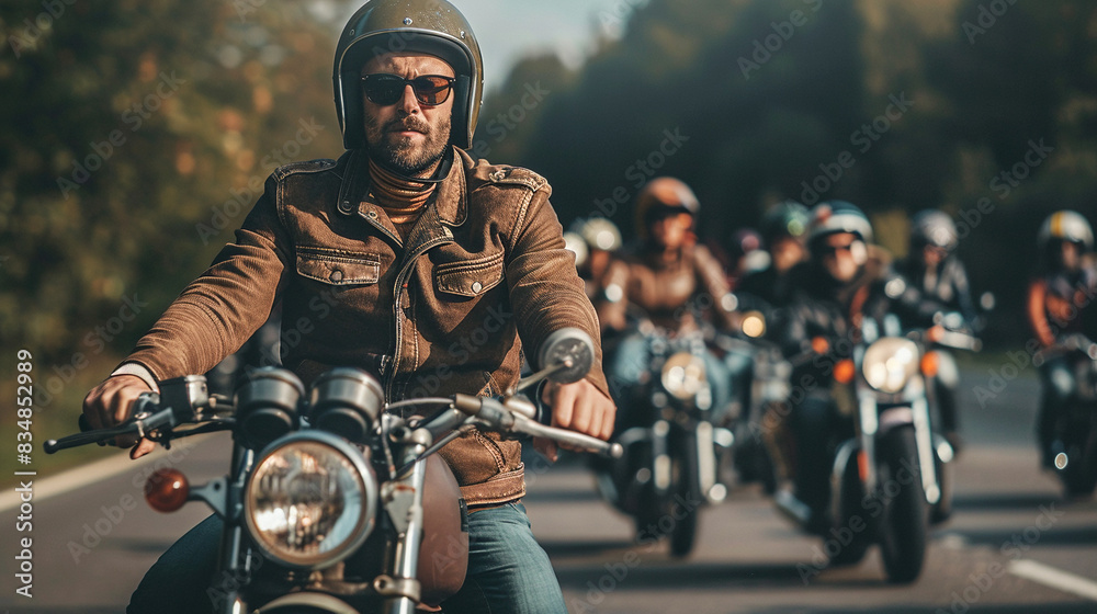 Group Of Motorcyclists Riding On English Country Road Group Of Motorcyclists Riding On English Country Road