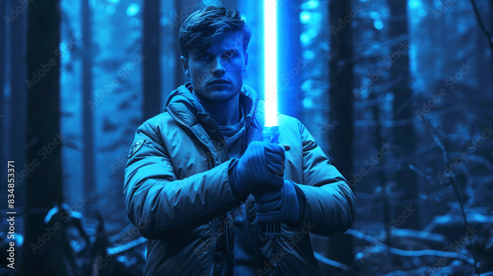 Man Holding a Glowing Blue Lightsaber in a Forest