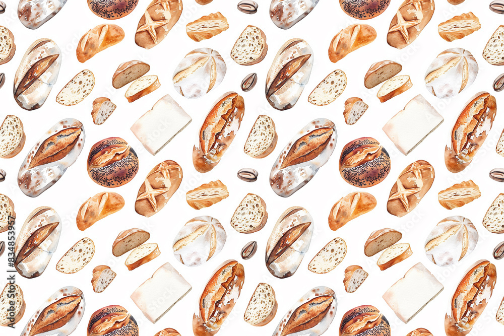 Watercolor illustration style of Flat Lay Bread Variety. Clean Design. White Background. Loaves and Slices Scattered Neatly. Great for Bakeries, Cafes, Restaurants, and More. Watercolor illustration style of Flat Lay Bread Variety. Clean Design. White Background. Loaves and Slices Scattered Neatly. Great for Bakeries, Cafes, Restaurants, and More.