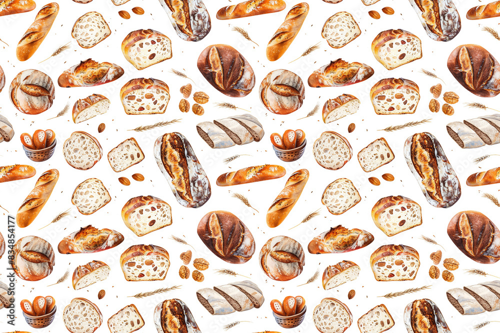 Bread flat lay minimal design. Seamless pattern. White background. Loaves and slices of bread scattered seamlessly throughout the white surface. Ideal for Bakeries, Restaurants, Cafes, Hotels, etc.