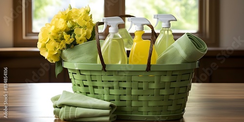 Green cleaning supplies in bucket against white background. Concept Green Cleaning Supplies, Eco-Friendly Products, Household Chores, Sustainable Living, White Background photo