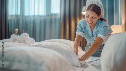 Young Housekeeper in Uniform Tidying Up Bed in Hotel Room photo