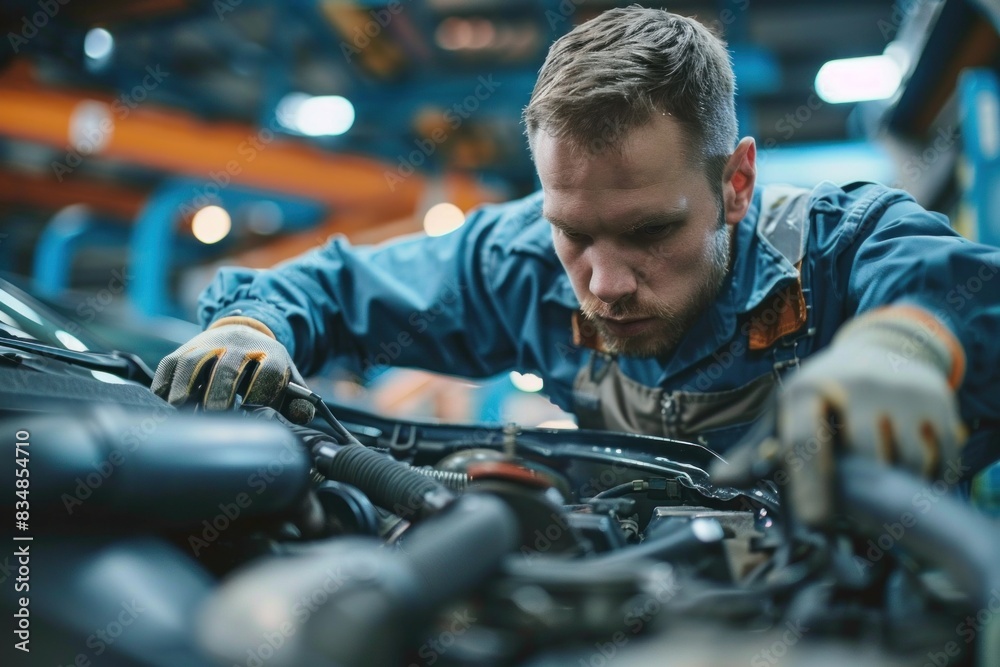 A mechanic meticulously diagnoses and repairs a vehicle, showcasing professionalism and expertise in their craft. A mechanic meticulously diagnoses and repairs a vehicle, showcasing professionalism and expertise in their craft.