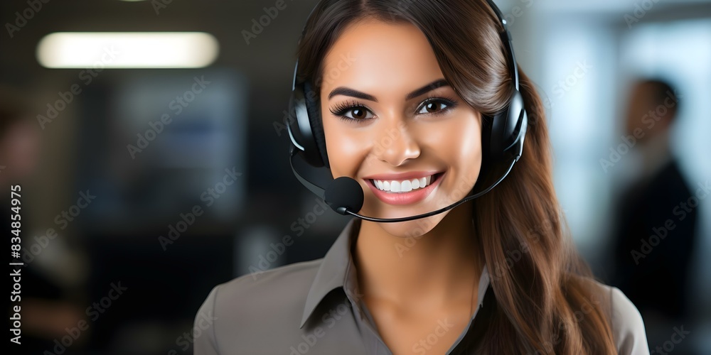 A smiling female customer service representative working in a call center office. Concept Customer service representative, Call center, Office worker, Smiling, Female A smiling female customer service representative working in a call center office. Concept Customer service representative, Call center, Office worker, Smiling, Female