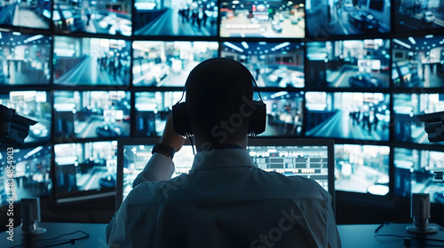 Security personnel monitoring surveillance cameras in a high-tech control room, multiple screens displaying various areas of a large commercial complex © Komkrit
