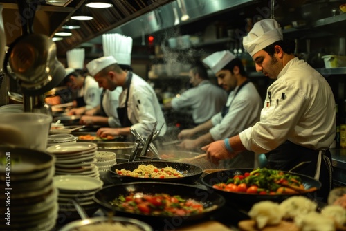 In a bustling restaurant kitchen, chefs work with precision, embodying professionalism in every dish prepared.