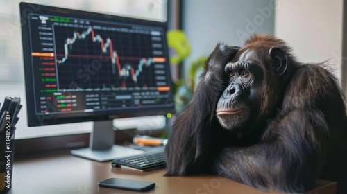 Funny image: Ape relaxes at a modern office desk with a stock trading platform. photo