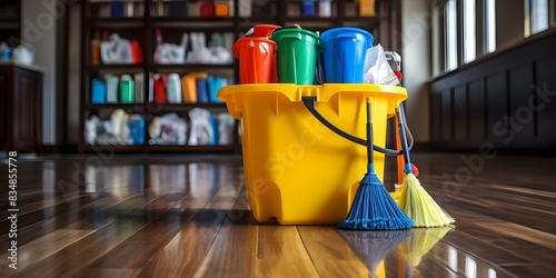 Bucket filled with assorted household cleaning supplies. Concept Household Chores, Cleaning Tips, Organization Hacks, Tidying Up, Cleaning Products photo