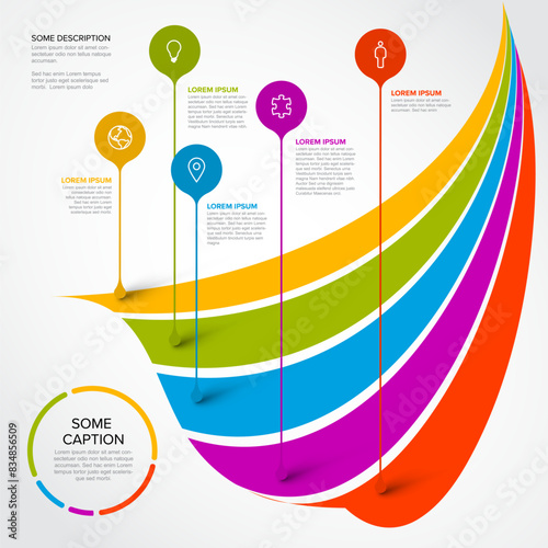 Infographic template with five droplet pointers on curved rainbow stripes