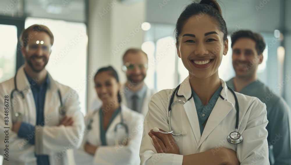 A group of doctors standing in front, smiling and looking at the camera, portrait photography, Medical professionals proud