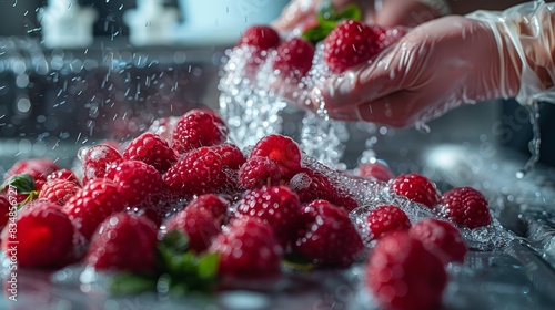 Close up of gloved hands rinsing ripe raspberries under running water. photo