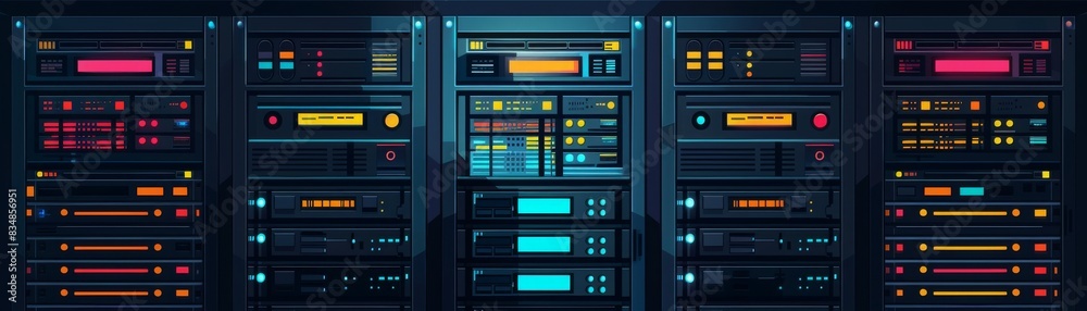 Abstract illustration of a server room. Rows of server racks with blinking lights in a data center.