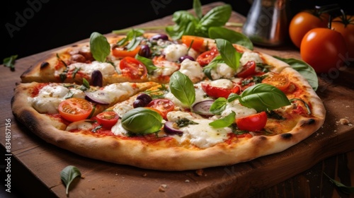 freshly baked pizza, topped with gooey mozzarella cheese, vibrant vegetables,